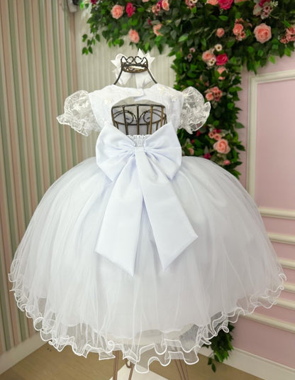 Vestido Infantil Branco em Tule com Renda e Saia Rodada para Daminhas