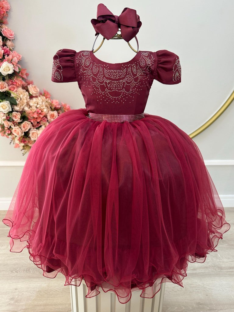 Vestido Infantil Marsala em Cetim com Strass e Saia Rodada para Casamentos e Formaturas