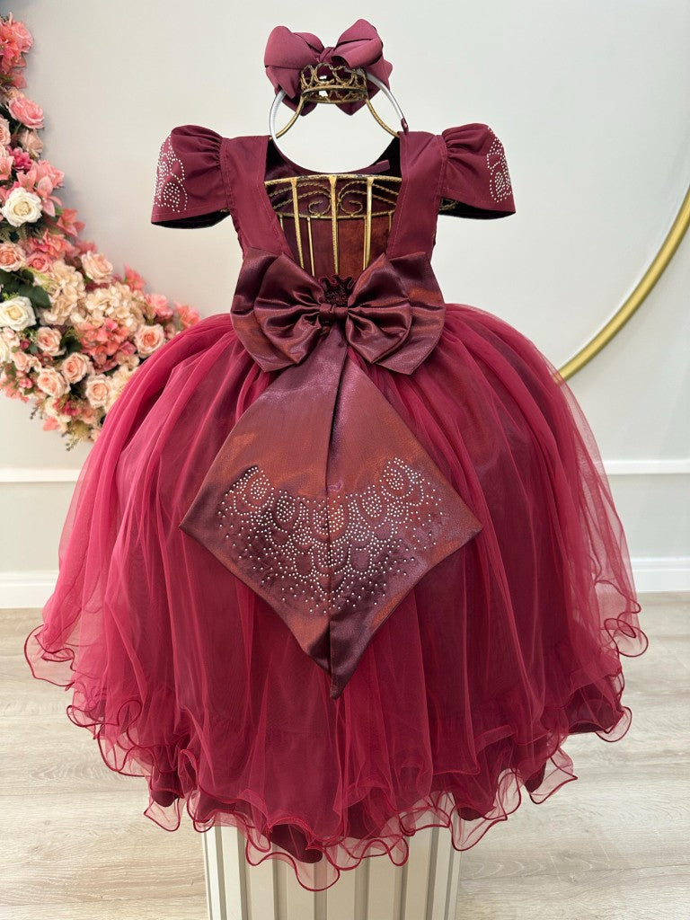 Vestido Infantil Marsala em Cetim com Strass e Saia Rodada para Casamentos e Formaturas