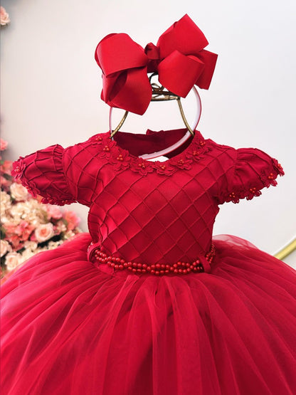 Vestido Infantil Vermelho em Cetim com Busto Nervura e Apliques para Daminhas