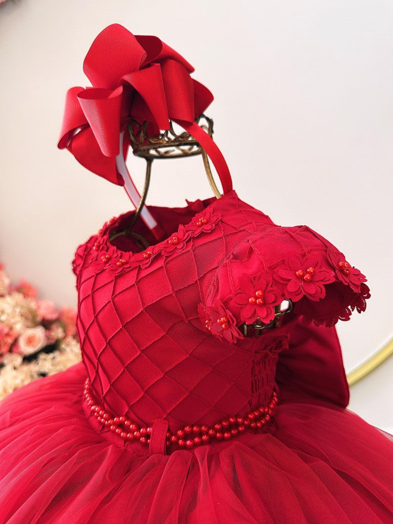 Vestido Infantil Vermelho em Cetim com Busto Nervura e Apliques para Daminhas