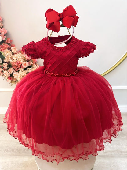 Vestido Infantil Vermelho em Cetim com Busto Nervura e Apliques para Daminhas