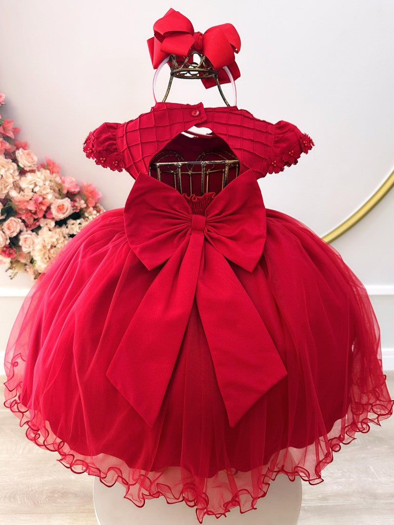 Vestido Infantil Vermelho em Cetim com Busto Nervura e Apliques para Daminhas