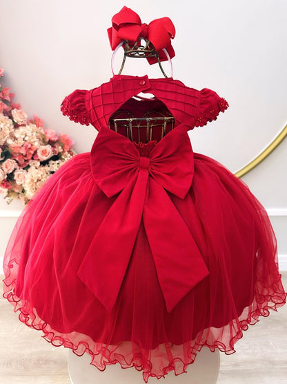 Vestido Infantil Vermelho em Cetim com Busto Nervura e Apliques para Daminhas