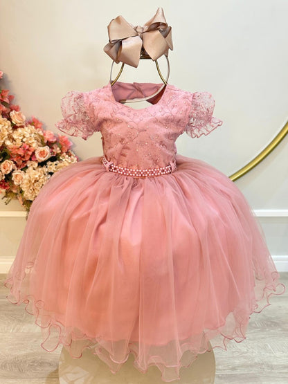 Vestido Infantil Rosa em Cetim com Renda e Strass com Saia Rodada para Daminhas