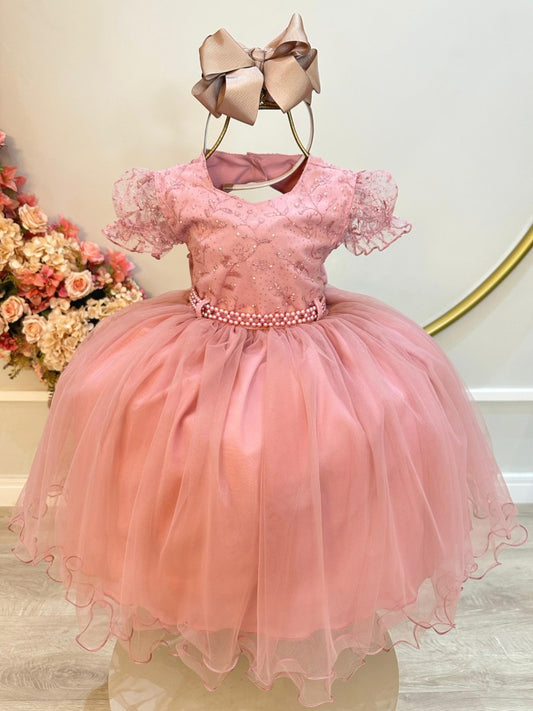 Vestido Infantil Rosa em Cetim com Renda e Strass com Saia Rodada para Daminhas