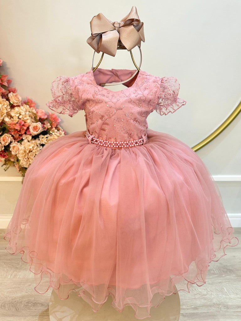 Vestido Infantil Rosa em Cetim com Renda e Strass com Saia Rodada para Daminhas