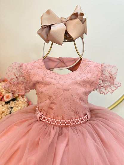 Vestido Infantil Rosa em Cetim com Renda e Strass com Saia Rodada para Daminhas