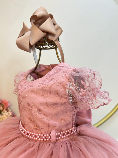 Vestido Infantil Rosa em Cetim com Renda e Strass com Saia Rodada para Daminhas