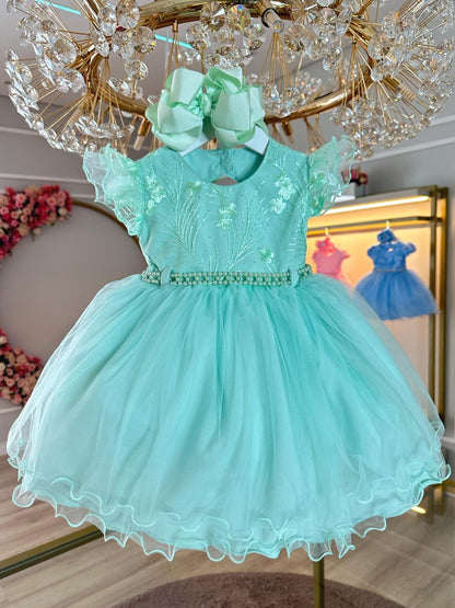 Vestido Infantil Verde em Renda com Strass Saia Rodada para Batizados