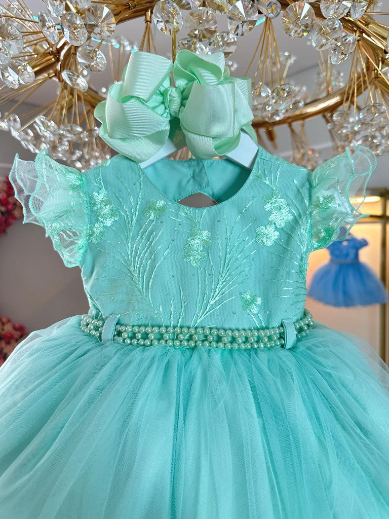 Vestido Infantil Verde em Renda com Strass Saia Rodada para Batizados