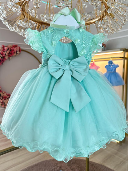 Vestido Infantil Verde em Renda com Strass Saia Rodada para Batizados