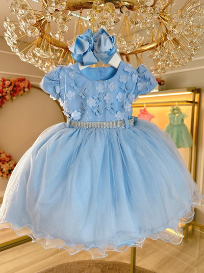 Vestido Infantil Azul em Cetim com Renda e Pérolas para Batizados