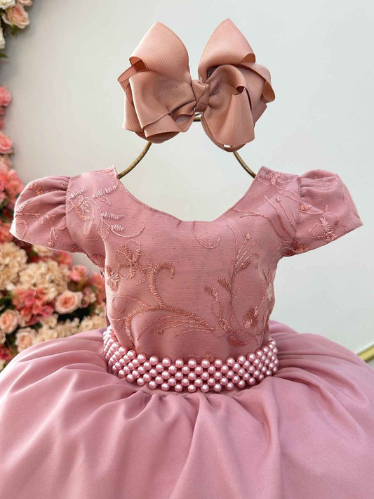 Vestido Infantil Rosa em Renda Luxo com Saia Rodada para Festa