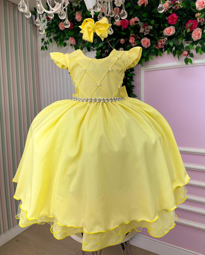 Vestido Infantil Amarelo em Poliéster com Tule e Babadinho para Festa de Aniversário