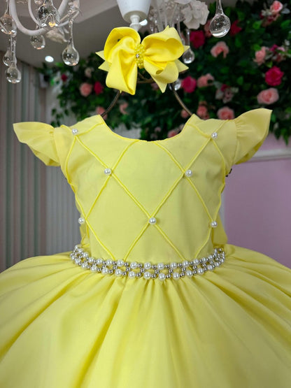 Vestido Infantil Amarelo em Poliéster com Tule e Babadinho para Festa de Aniversário