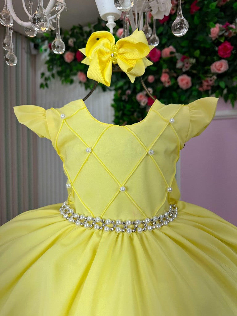 Vestido Infantil Amarelo em Poliéster com Tule e Babadinho para Festa de Aniversário