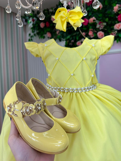 Vestido Infantil Amarelo em Poliéster com Tule e Babadinho para Festa de Aniversário