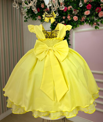 Vestido Infantil Amarelo em Poliéster com Tule e Babadinho para Festa de Aniversário