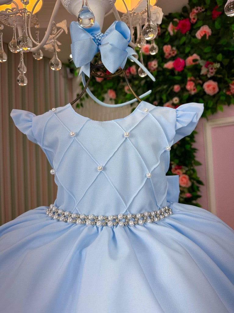 Vestido Infantil Azul Bebê em Tecido Misto com Laço Elegante para Festa Especial