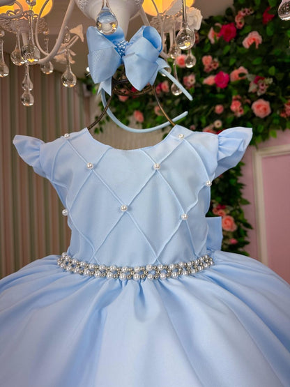 Vestido Infantil Azul Bebê em Tecido Misto com Laço Elegante para Festa Especial