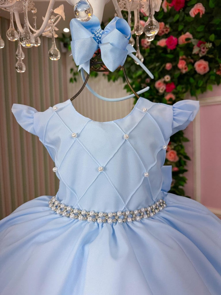 Vestido Infantil Azul Bebê em Tecido Misto com Laço Elegante para Festa Especial