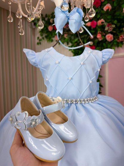 Vestido Infantil Azul Bebê em Tecido Misto com Laço Elegante para Festa Especial