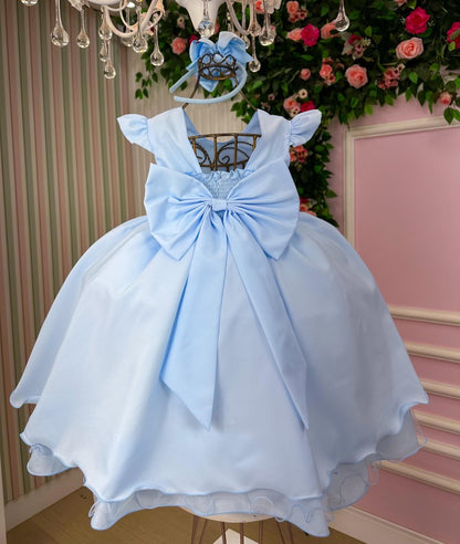 Vestido Infantil Azul Bebê em Tecido Misto com Laço Elegante para Festa Especial