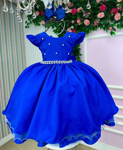 Vestido Infantil Azul Royal em Cetim com Saia Rodada para Festa de Aniversário