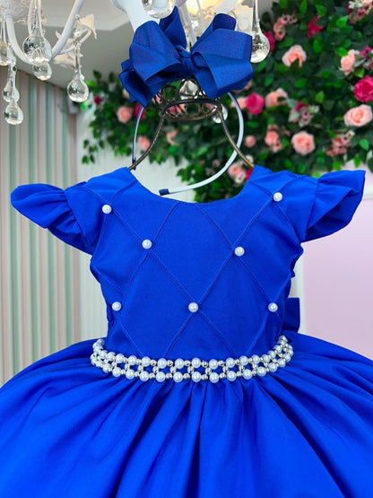 Vestido Infantil Azul Royal em Cetim com Saia Rodada para Festa de Aniversário