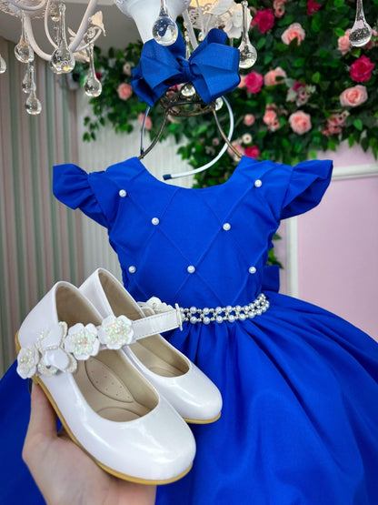 Vestido Infantil Azul Royal em Cetim com Saia Rodada para Festa de Aniversário