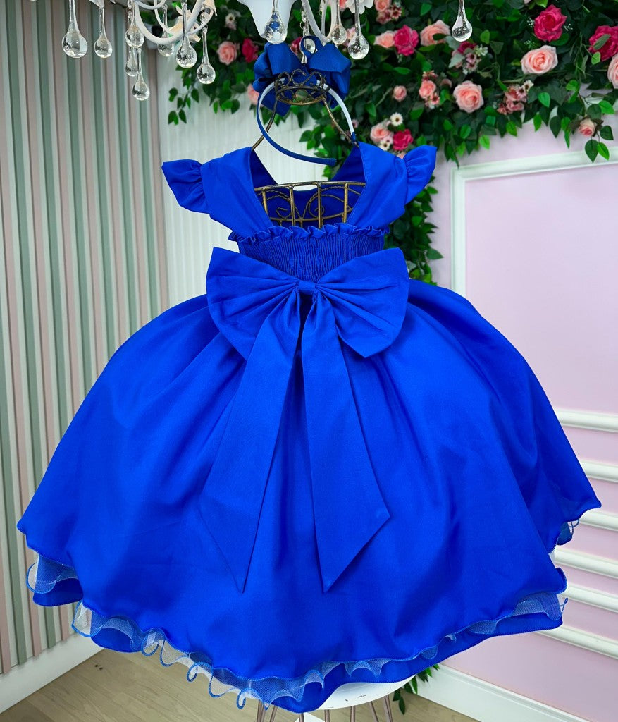 Vestido Infantil Azul Royal em Cetim com Saia Rodada para Festa de Aniversário
