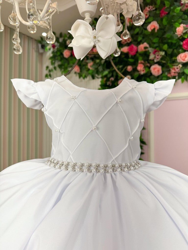 Vestido Infantil Branco em Algodão com Babados e Laço para Festa de Aniversário