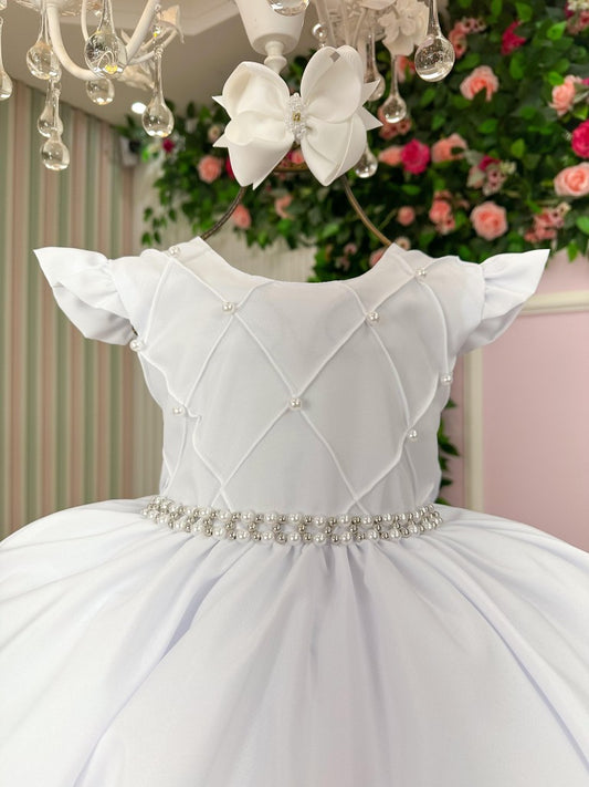 Vestido Infantil Branco em Algodão com Babados e Laço para Festa de Aniversário
