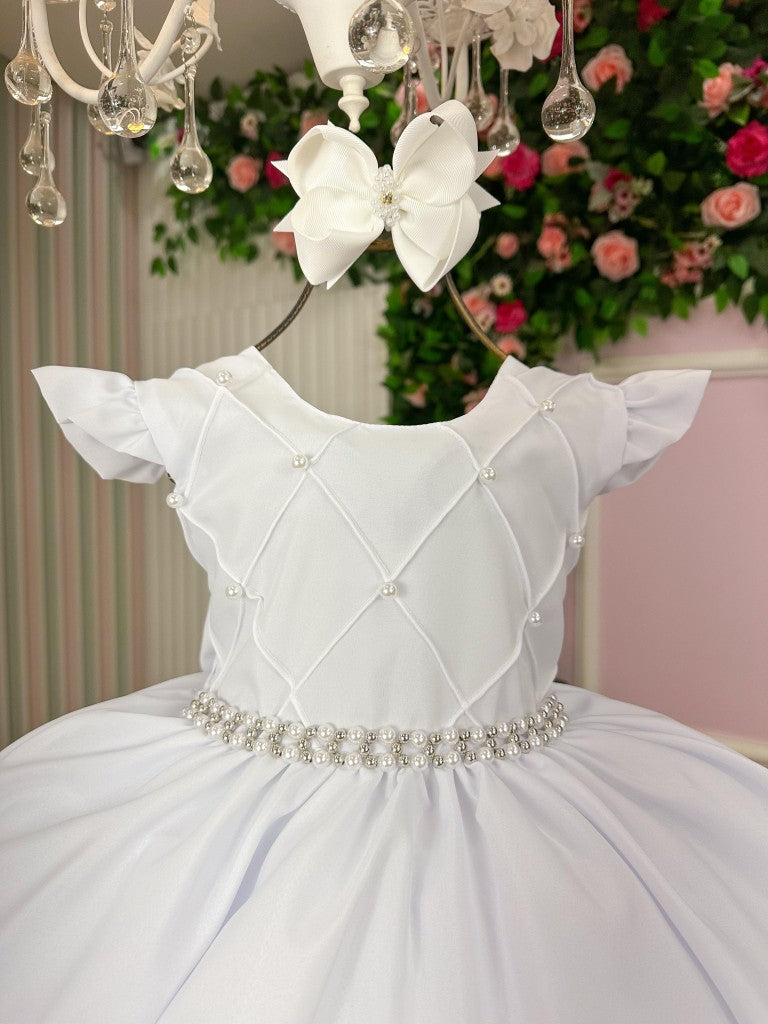 Vestido Infantil Branco em Algodão com Babados e Laço para Festa de Aniversário