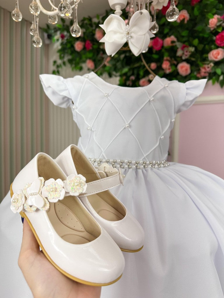 Vestido Infantil Branco em Algodão com Babados e Laço para Festa de Aniversário