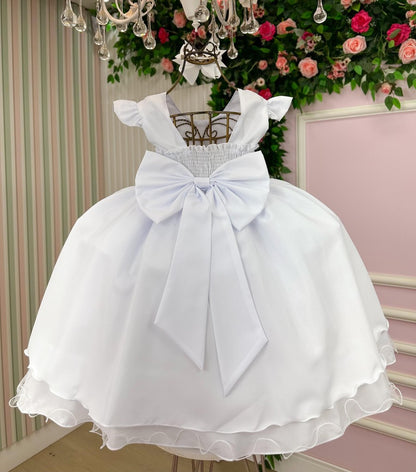 Vestido Infantil Branco em Algodão com Babados e Laço para Festa de Aniversário