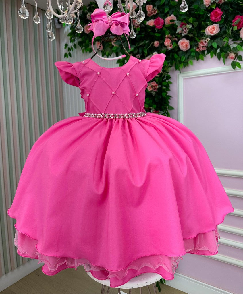 Vestido Infantil Rosa Chiclete em Tecido Misto com Laço Elegante para Festa de Aniversário