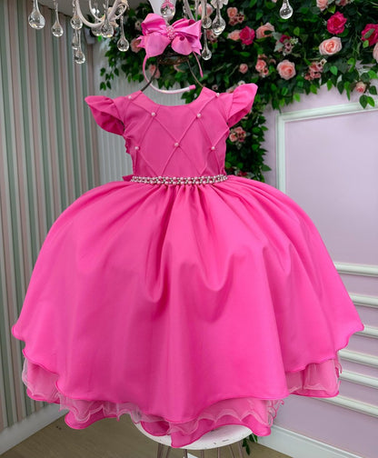 Vestido Infantil Rosa Chiclete em Tecido Misto com Laço Elegante para Festa de Aniversário