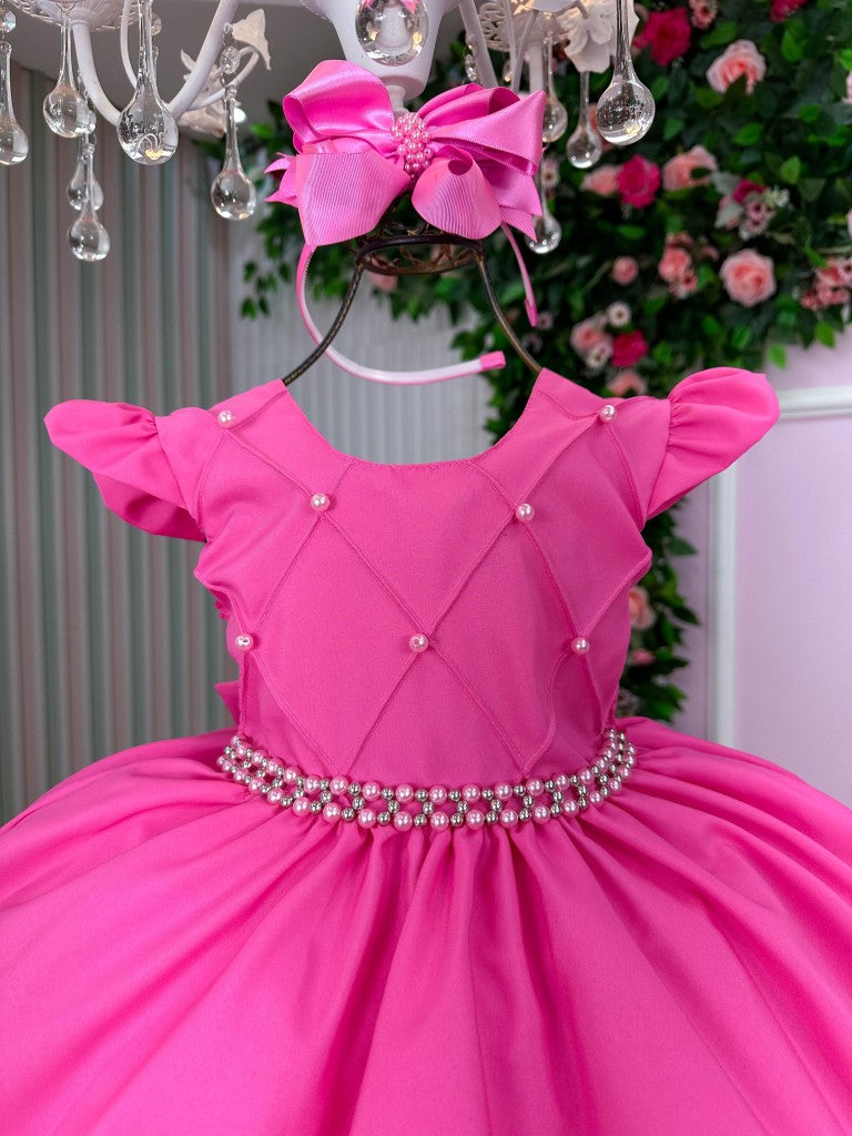Vestido Infantil Rosa Chiclete em Tecido Misto com Laço Elegante para Festa de Aniversário