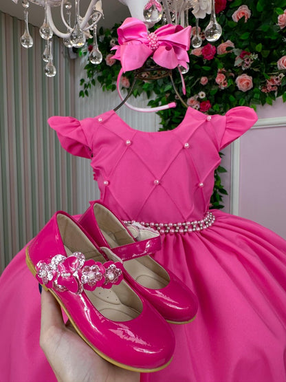 Vestido Infantil Rosa Chiclete em Tecido Misto com Laço Elegante para Festa de Aniversário