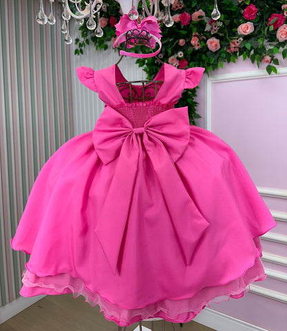 Vestido Infantil Rosa Chiclete em Tecido Misto com Laço Elegante para Festa de Aniversário