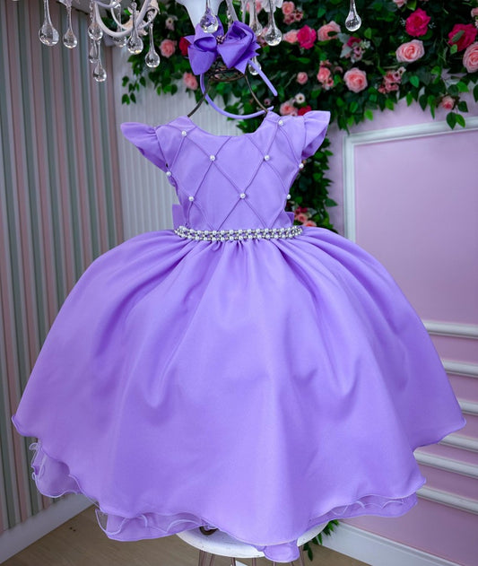 Vestido Infantil Lilás em Tecido Misto com Saia Rodada para Festa de Aniversário