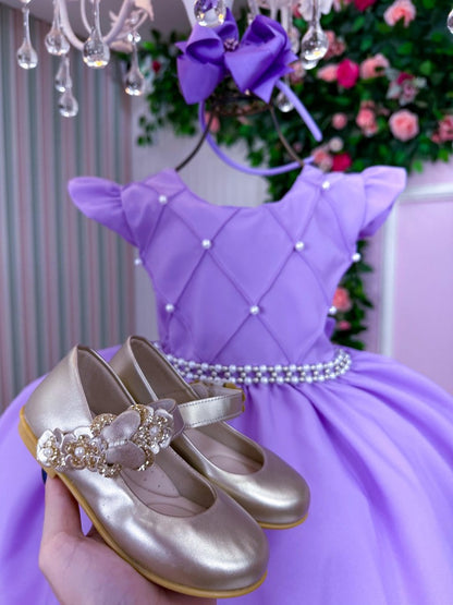 Vestido Infantil Lilás em Tecido Misto com Saia Rodada para Festa de Aniversário