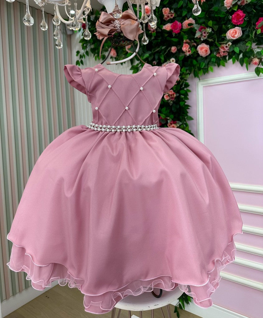 Vestido Infantil Rosa em Tecido Misto com Saia Rodada para Festa de Aniversário