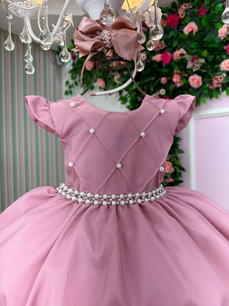 Vestido Infantil Rosa em Tecido Misto com Saia Rodada para Festa de Aniversário