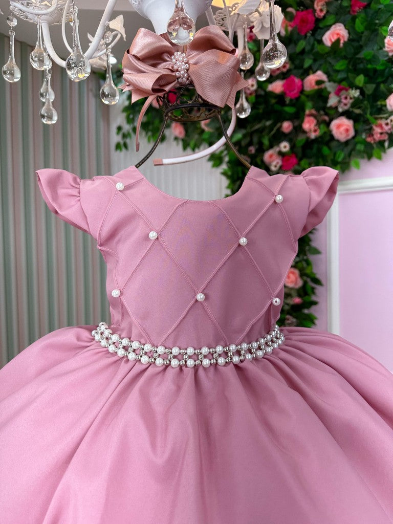 Vestido Infantil Rosa em Tecido Misto com Saia Rodada para Festa de Aniversário