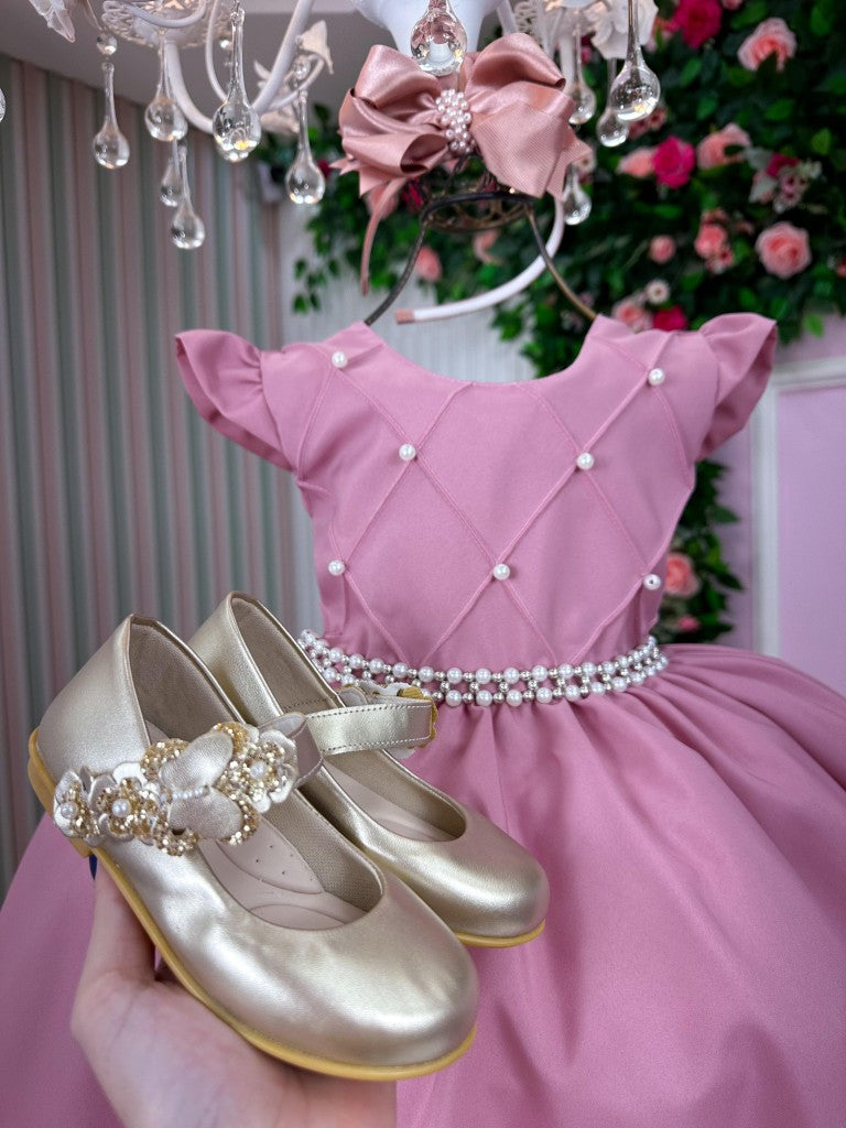 Vestido Infantil Rosa em Tecido Misto com Saia Rodada para Festa de Aniversário