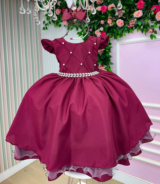 Vestido Infantil Marsala em Cetim com Saia Rodada para Festa de Aniversário