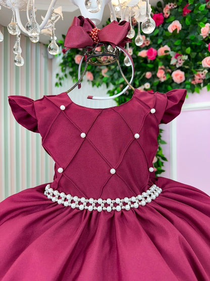 Vestido Infantil Marsala em Cetim com Saia Rodada para Festa de Aniversário